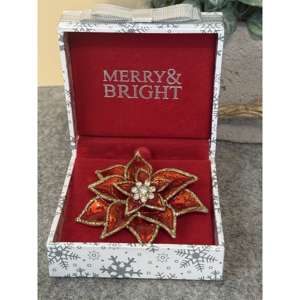 Vintage Gold Tone Red Enamel Poinsettia Flower Statement Pin Brooch NIB